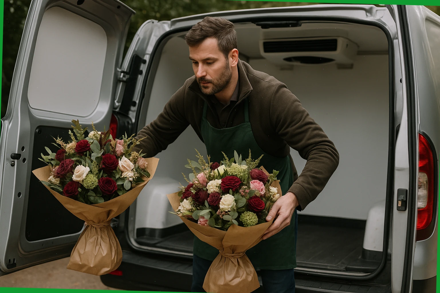 Courier Tom loading bouquets into a chilled van