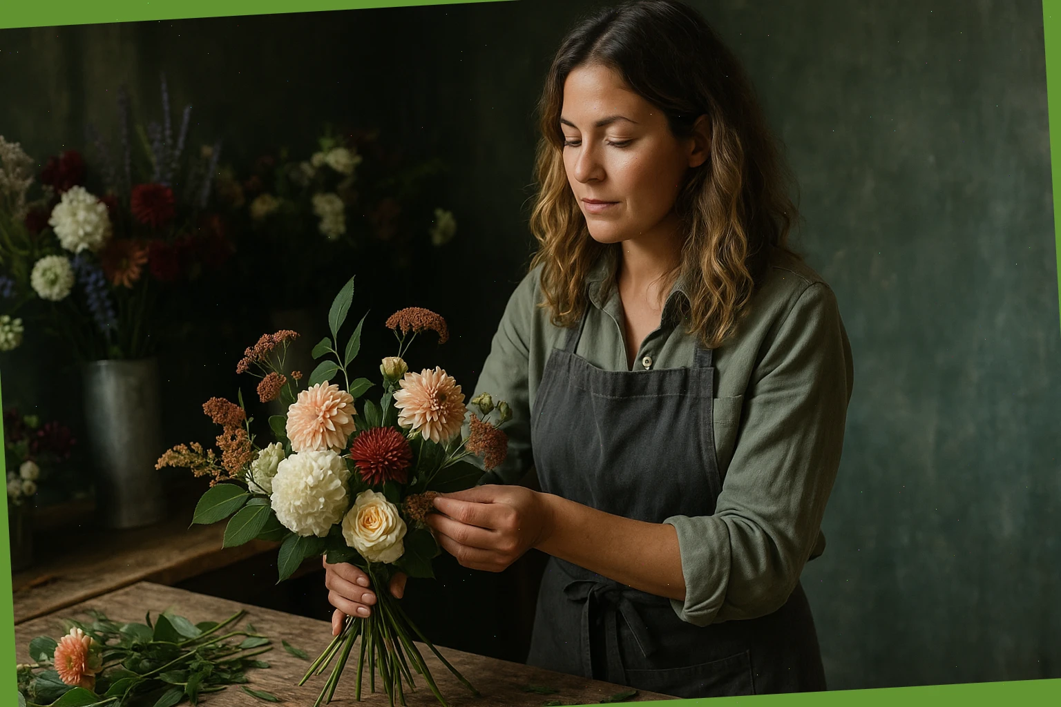 Lead florist Jessica arranging seasonal stems